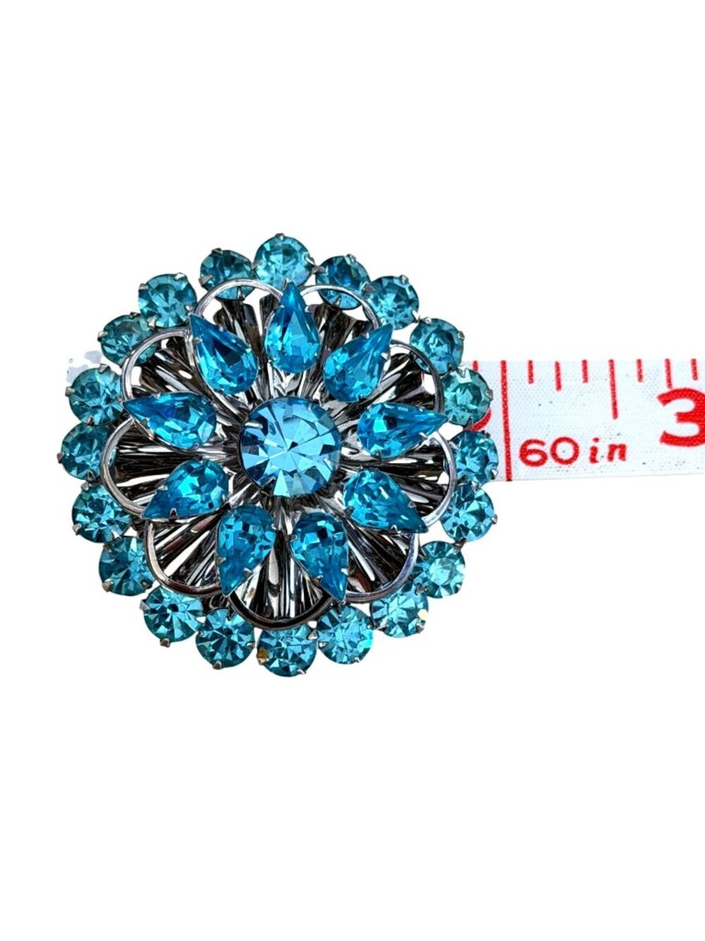 Vintage Blue Rhinestone Flower Brooch Pin Silver-Tone MCM Sparkling 2" - Picture 4 of 6